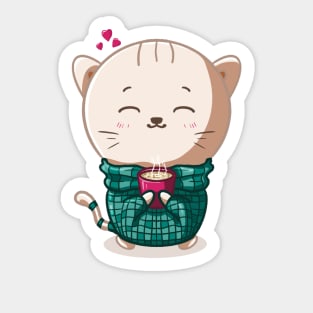 Kawaii cat and warm coffee Sticker